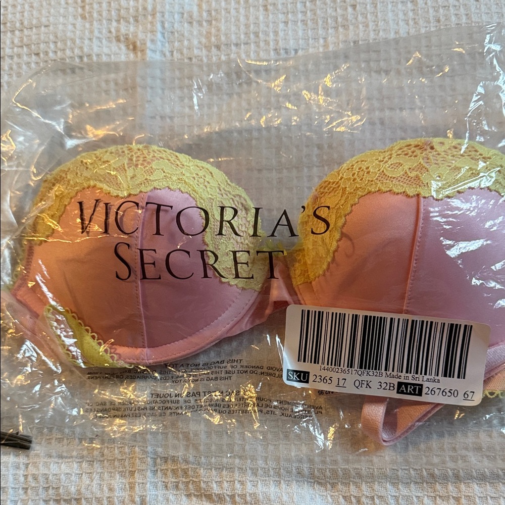 Victoria's Secret Pink and Yellow Lace Bra push up 1 cup brand new sealed